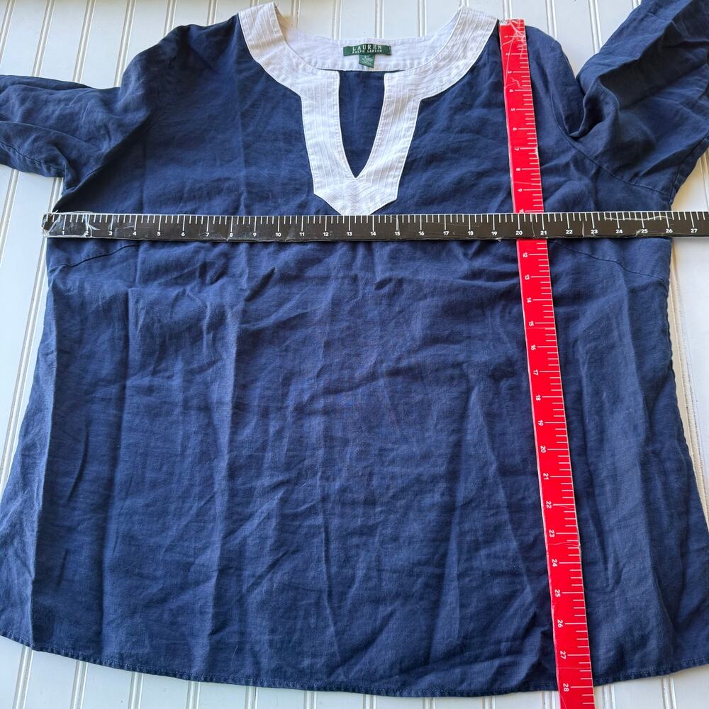 Lauren Ralph Lauren Linen Roll Tab Tunic Blouse size 2X Navy Blue White - Picture 9 of 10